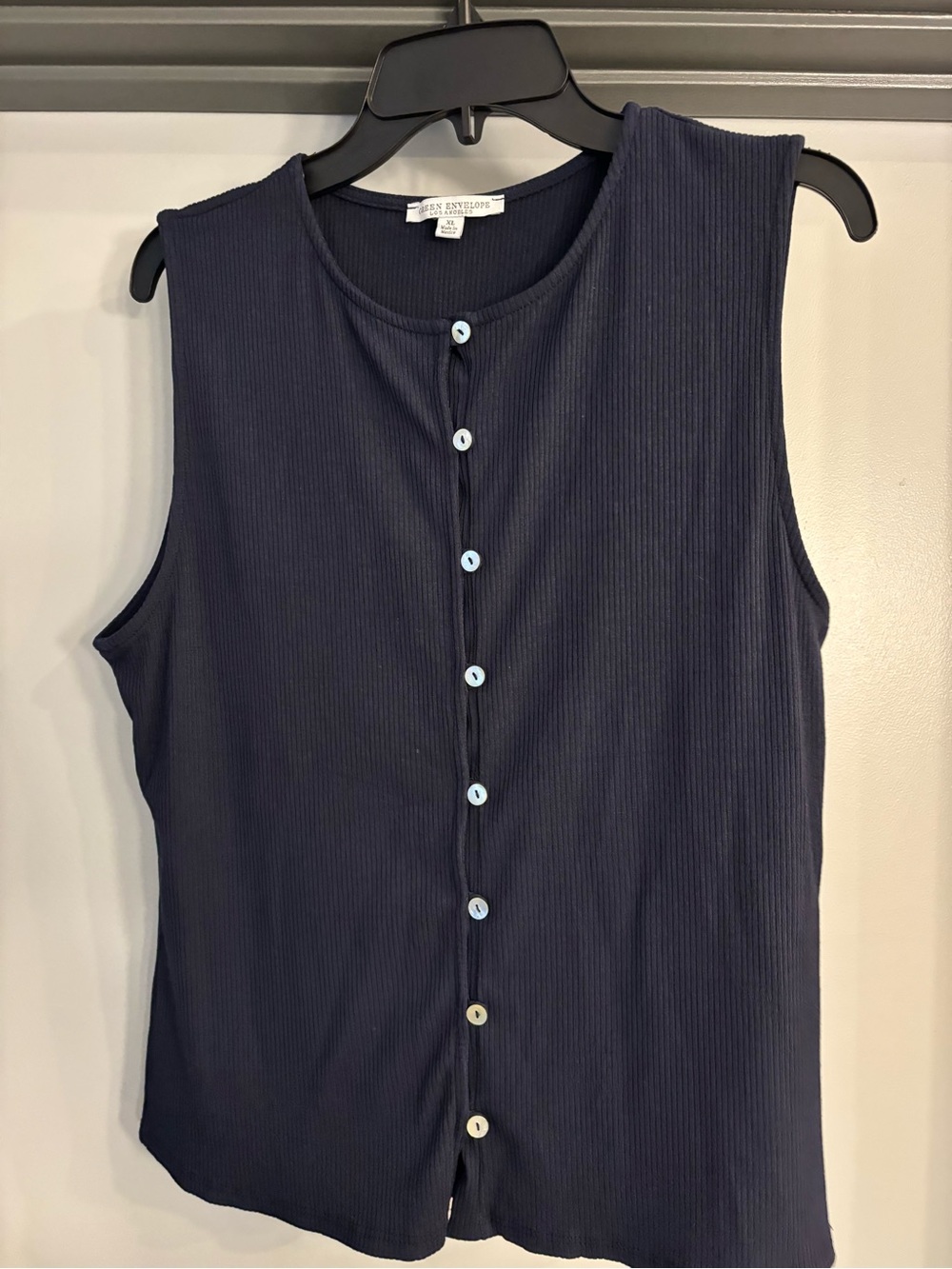 Green Envelope Navy Ribbed Sleeveless Button Front Top
